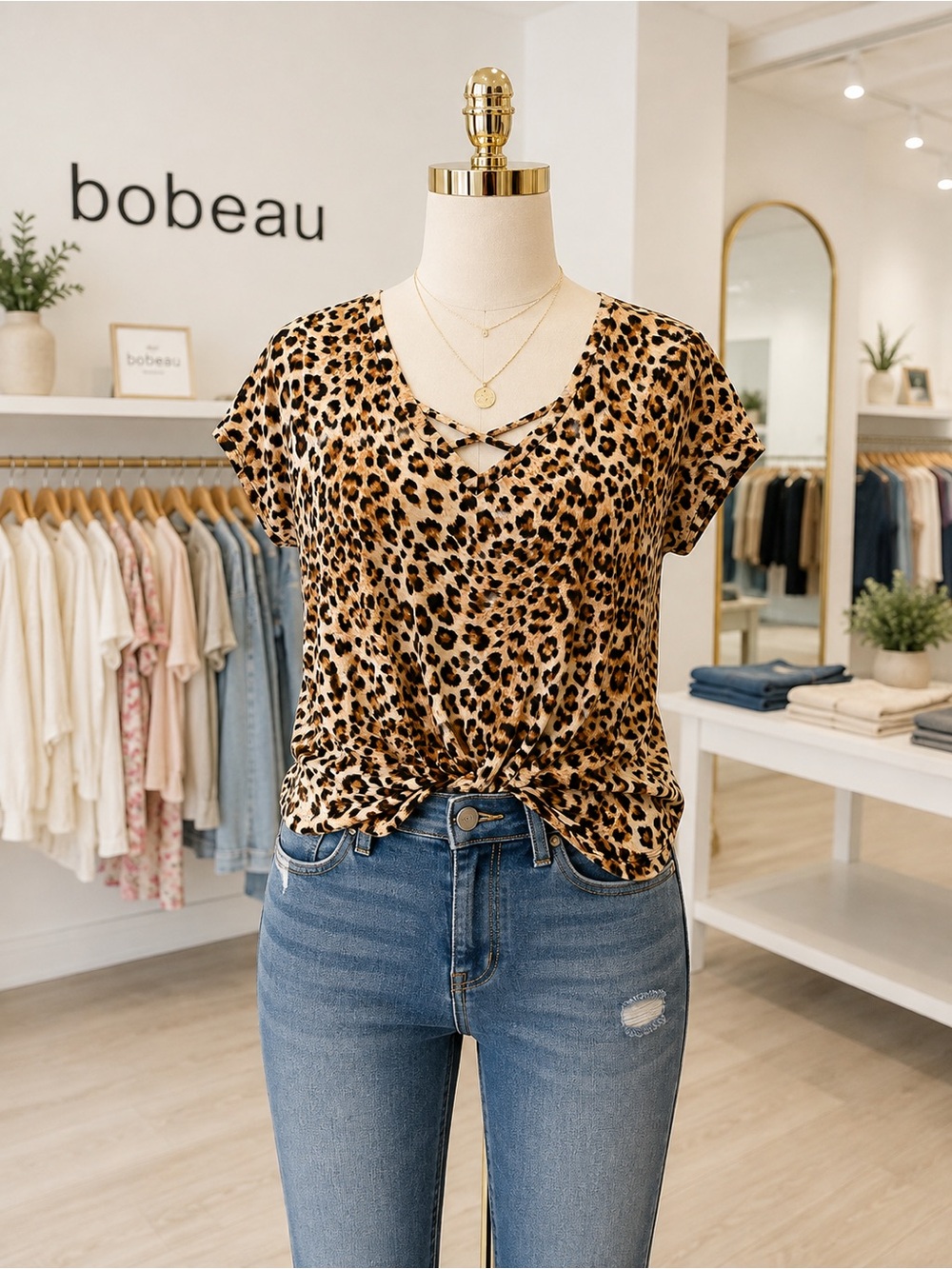 Bobeau Leopard Print Twist Front Criss Cross V Neck Top Size M